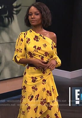 Zuri's yellow floral one shoulder dress on E! News