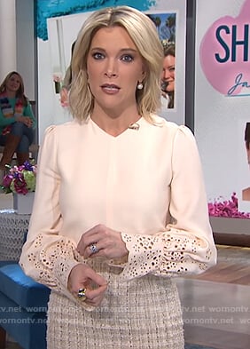 Megyn's off-white laser cut sleeve blouse and beige tweed skirt on Megyn Kelly Today
