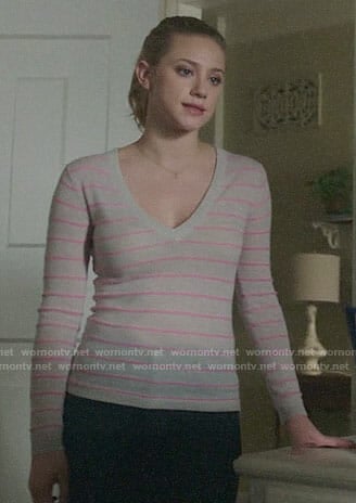 Betty's pink striped v-neck sweater on Riverdale