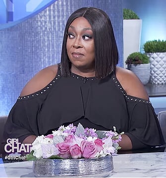 Loni's black cold shoulder jumpsuit on The Real