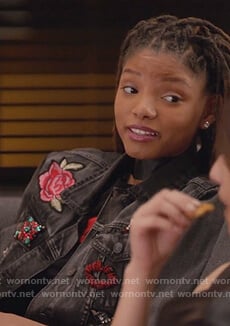 Skylar's black denim patch jacket on Grown-ish