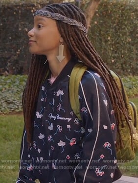 Skylar's navy embellished bomber jacket on Grown-ish