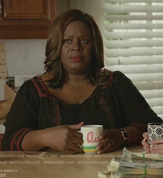 Ruby's black embroidered top on Good Girls