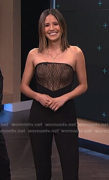Erin's black strapless lace panel jumpsuit on E! News