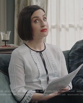 Jen's light blue pleated front blouse on Life in Pieces