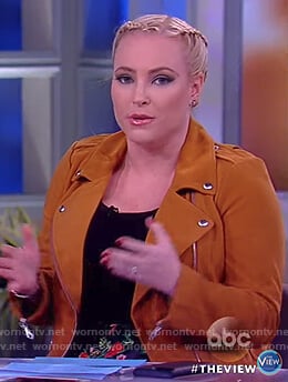 Meghan's orange suede moto jacket and floral skirt on The View
