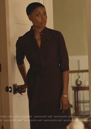 Lynn's burgundy waist tie dress on Black Lightning
