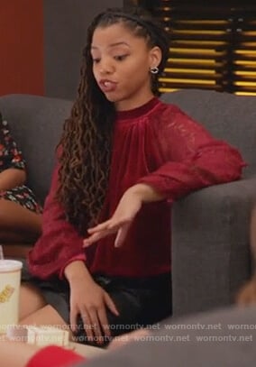 Jazlyn's red velvet and lace sleeve top on Grown-ish