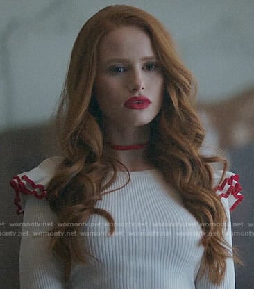 Cheryl's white  sweater with red ruffled trim on Riverdale
