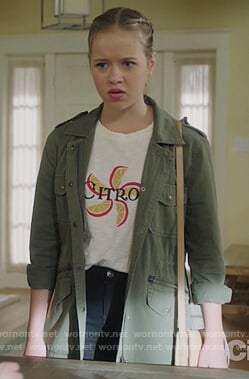 Sam's Citron print t-shirt and army jacket on Life in Pieces