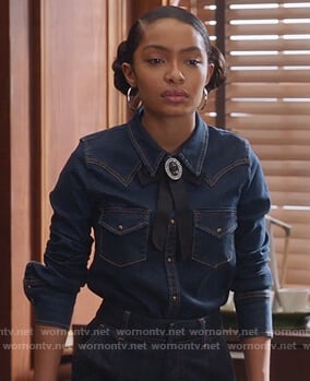 Zoey's denim top with ribbon brooch on Grown-ish