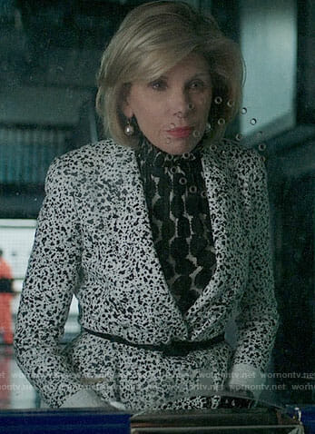 Diane's polka dot blouse and printed peplum jacket on The Good Fight
