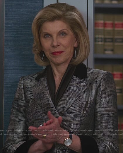 Diane's metallic jacket with black collar on The Good Fight