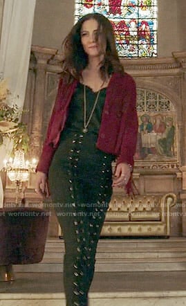 Princess Eleanor's red fringed jacket and lace-up front pants on The Royals