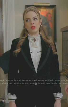 Fallon's white pleated lace blouse and velvet embellished tiger jacket on Dynasty