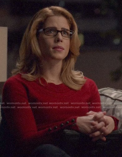 Felicity's red button cuff sweater on Arrow