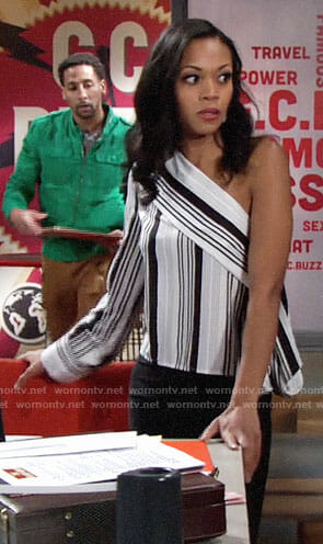Hilary's striped one-shoulder top on The Young and the Restless