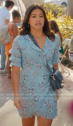 Jane's blue floral wrap dress with ruffles on Jane the Virgin