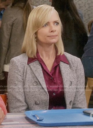 Jill's pink satin shirt and grey blazer on Mom