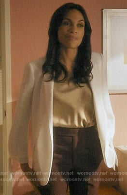 JR's gold top and white tie-sleeve blazer on Jane the Virgin