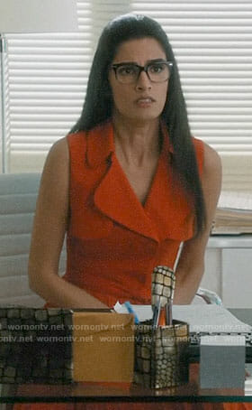 Krishna's orange sleeveless trench dress on Jane the Virgin