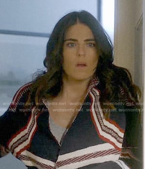 Laurel's navy and red striped cardigan on How to Get Away with Murder