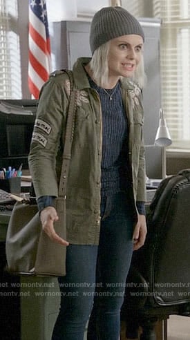Liv's blue striped top and floral patch army jacket on iZombie