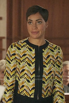 Lucca's yellow chevron patterned jacket on The Good Fight