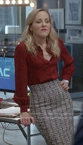 Marissa's red shirt and tweed pencil skirt on Bull