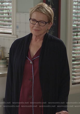 Joan's red pin stripe pajamas on Life in Pieces