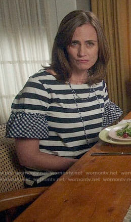 Maya's striped top with gingham ruffles on Splitting Up Together