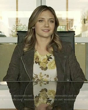 Megan's yellow rose print top and brown suede moto jacket on The Arrangement