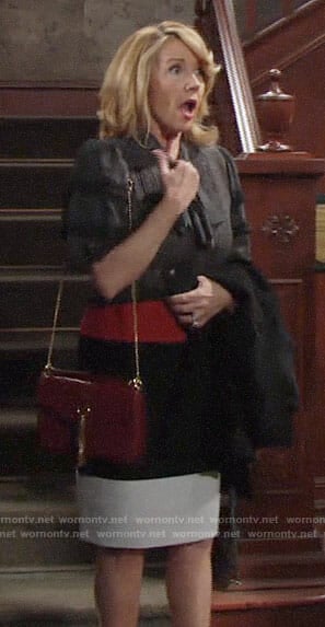 Nikki's black ruffled sleeve blouse and colorblock skirt on The Young and the Restless