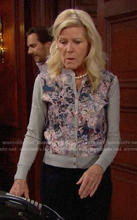 Pam's grey floral cardigan on The Bold and the Beautiful