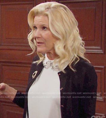 Pam's embellished collar sweater and bow button cardigan on The Bold and the Beautiful