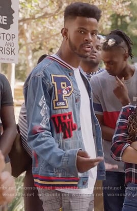Aaron's denim patch jacket on Grown-ish