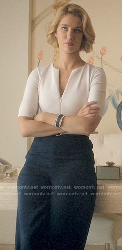 Petra's white and navy belted jumpsuit on Jane the Virgin