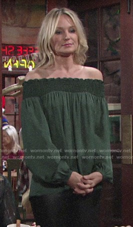 Sharon's green off-shoulder top on The Young and the Restless
