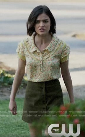 Stella's yellow printed top with ruffled sleeves on Life Sentence