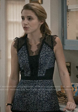 Stevie's blue floral dress with black lace on Madam Secretary