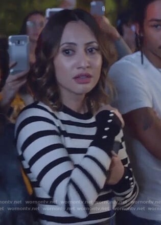 Ana's stripe pearl embellished cuff sweater on Grown-ish