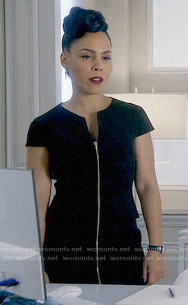 Tegan's black zip front dress on How to Get Away with Murder