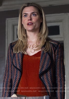 Trish's striped tweed jacket and velvet top on Jessica Jones