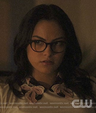 Veronica's white top with embroidered bow collar on Riverdale