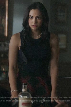 Veronica's side ruffle top and plaid skirt on Riverdale