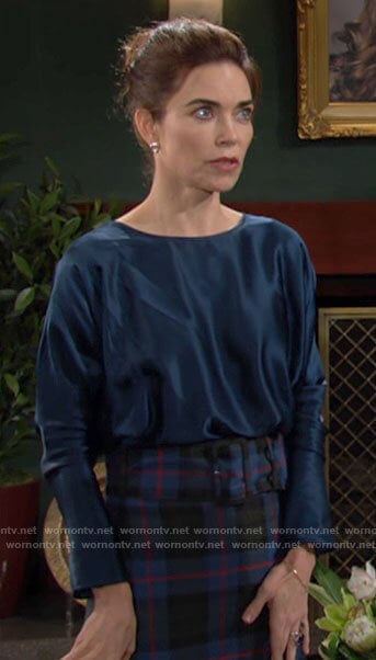Victoria's blue plaid pencil skirt on The Young and the Restless