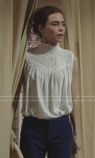 Victoria's white smocked neck top on The Young and the Restless