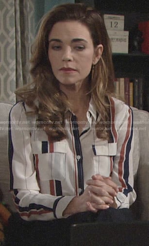 Victoria's vertical striped silk shirt on The Young and the Restless