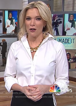 Megyn's black striped pants and pearl embellished necklace on Megyn Kelly Today