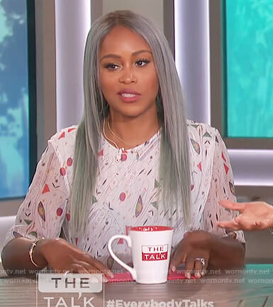 Eve's white print gathered dress on The Talk